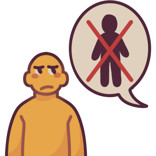 A person looking up and to the left at a speech bubble with a disapproving expression. The speech bubble has a silhouette of a human on it and a red X over it.